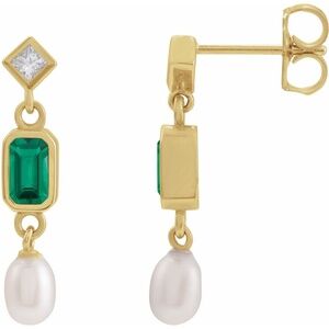 Lab-Grown Emerald, Cultured White Akoya Pearl & .05 CTW Natural Diamond Earrings